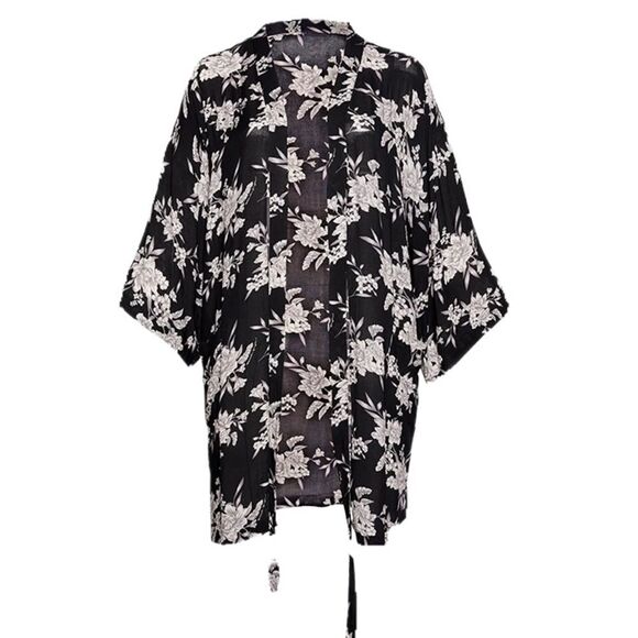 Spiritual Gangster Maya Black Floral Boho Casual Hippie Tie Waist Robe Kimono OS - Picture 4 of 10